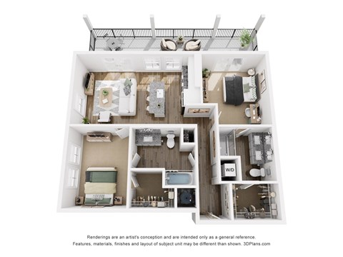 Floor plan for 2 beds, 2 baths, 1045 sqft